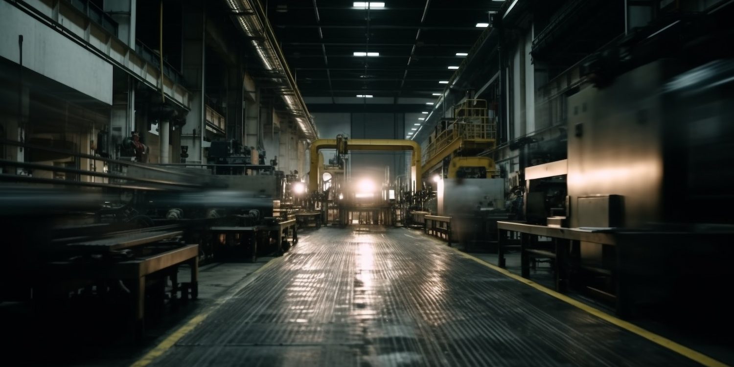 Modern factory illuminates night with steel machinery generated by AI