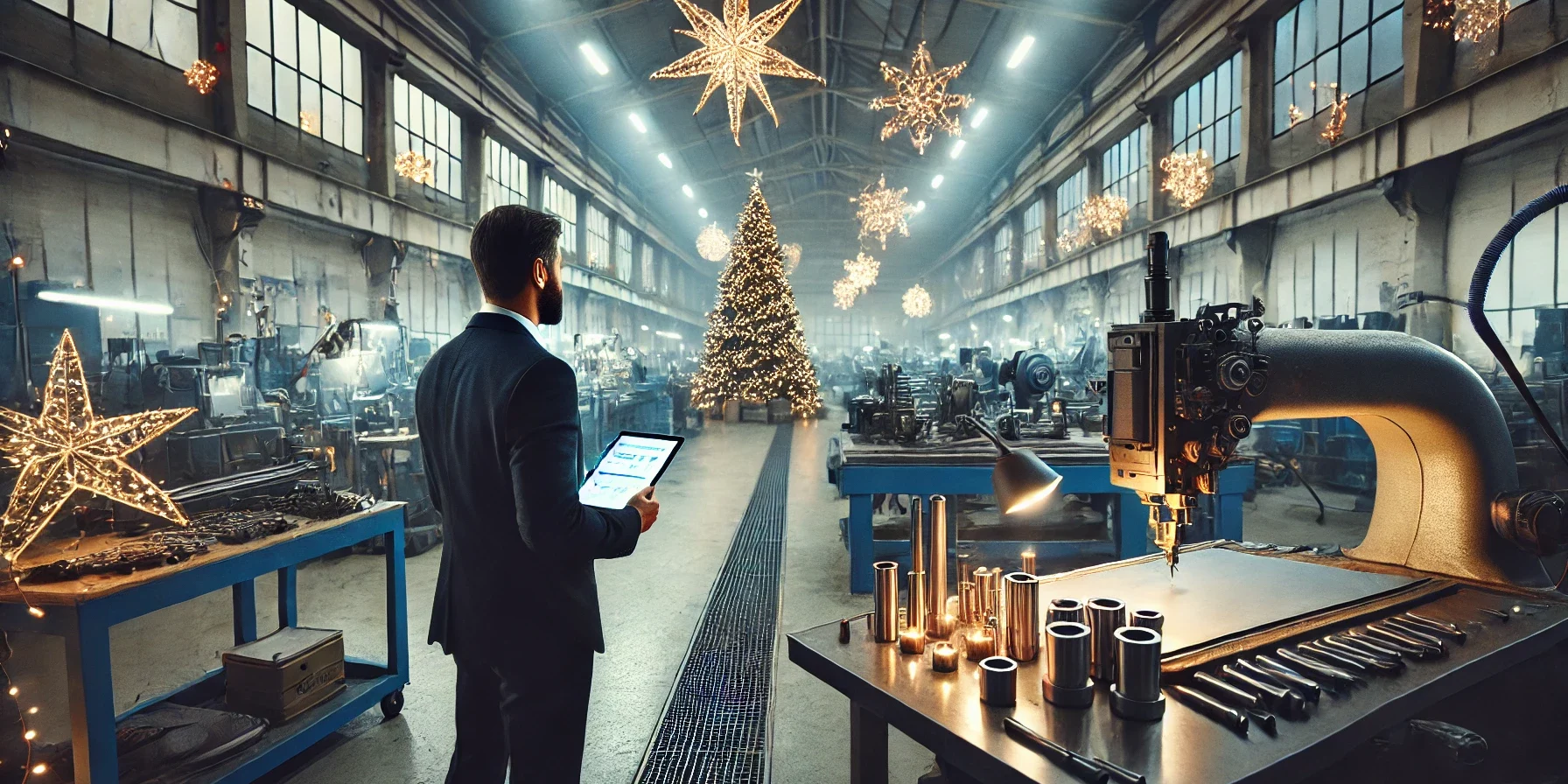 DALL·E 2024-11-26 13.24.47 – Una fábrica metalmecánica amplia y moderna decorada con adornos navideños discretos y elegantes, como guirnaldas y luces festivas. Se ven grandes máqu